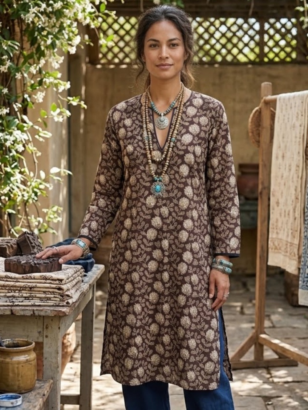 NWOT Maiwa Hand Block-Printed Cotton Tunic Kurta Long-Sleeved V-Neck Size Medium